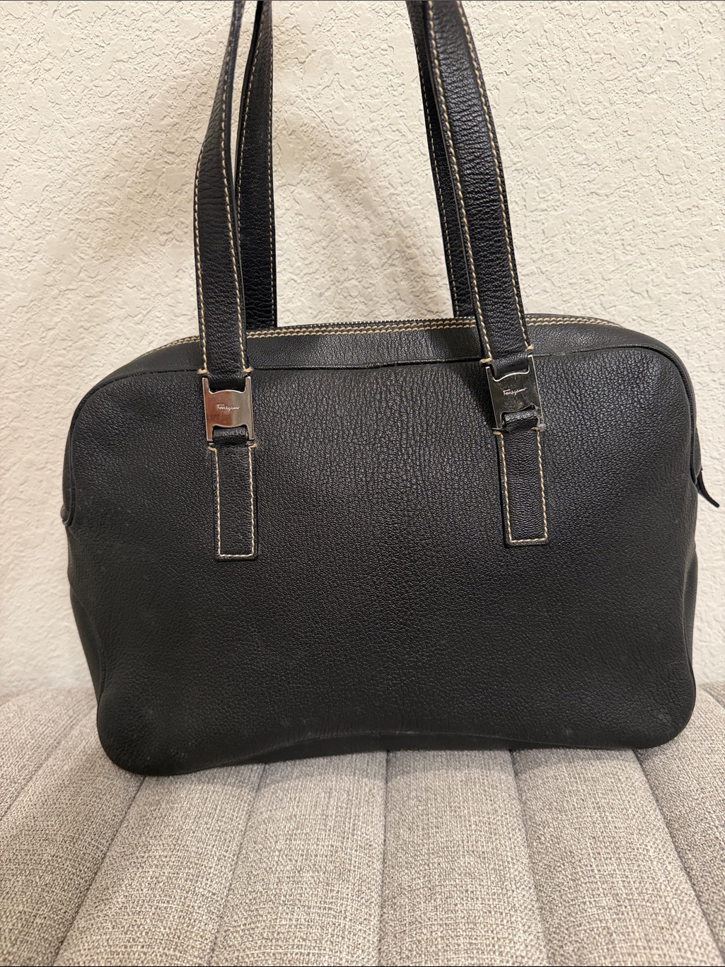 Salvatore Ferragamo Black Leather Tote With Contrast Stitching